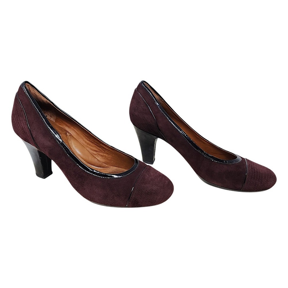 Clarks Artisan‎ Pumps 10M Wessex Wyvern Burgundy Suede Patent Trim Almond Toe 3"